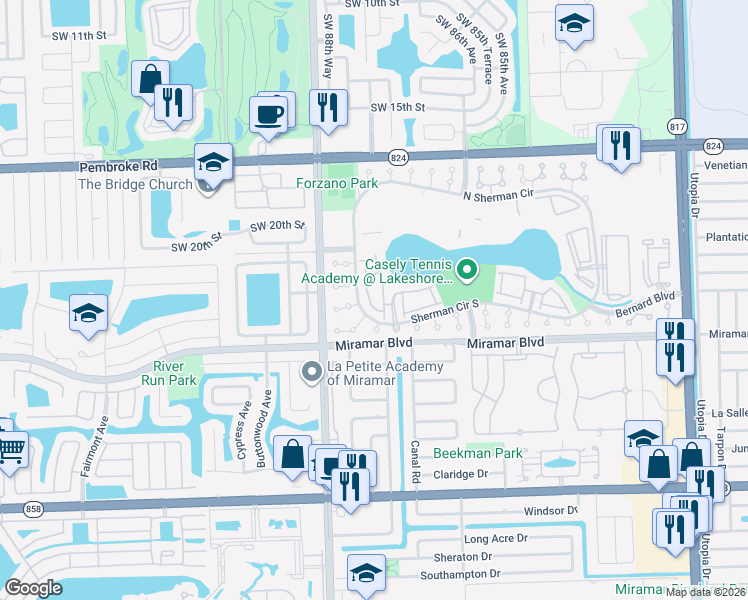 map of restaurants, bars, coffee shops, grocery stores, and more near 2262 Southwest 87th Terrace in Miramar