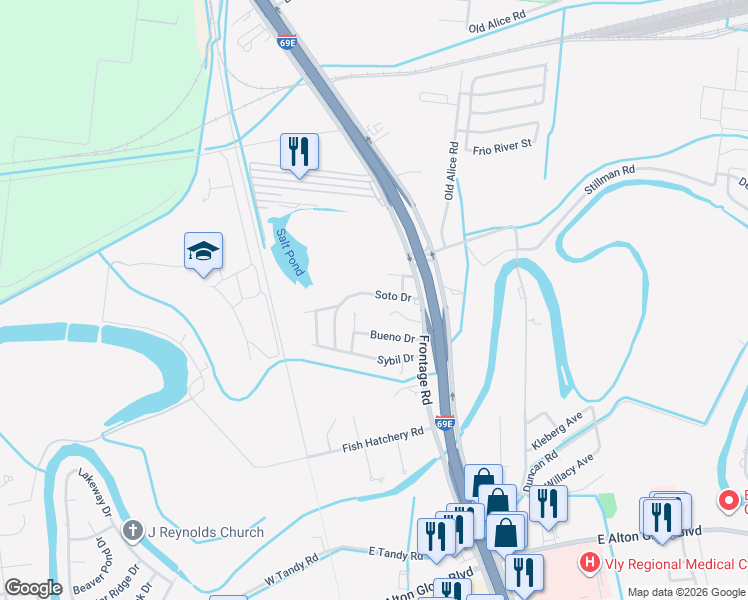 map of restaurants, bars, coffee shops, grocery stores, and more near 50-98 Soto Drive in Brownsville