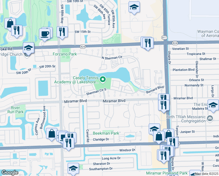 map of restaurants, bars, coffee shops, grocery stores, and more near 8499 Sherman Circle South in Miramar