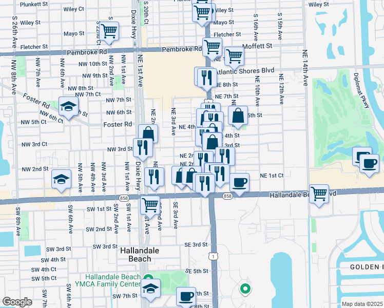 map of restaurants, bars, coffee shops, grocery stores, and more near 500 Northeast 3rd Street in Hallandale Beach