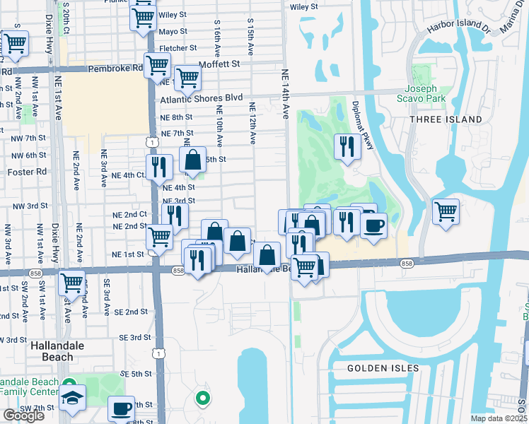 map of restaurants, bars, coffee shops, grocery stores, and more near 218 Northeast 12th Avenue in Hallandale Beach