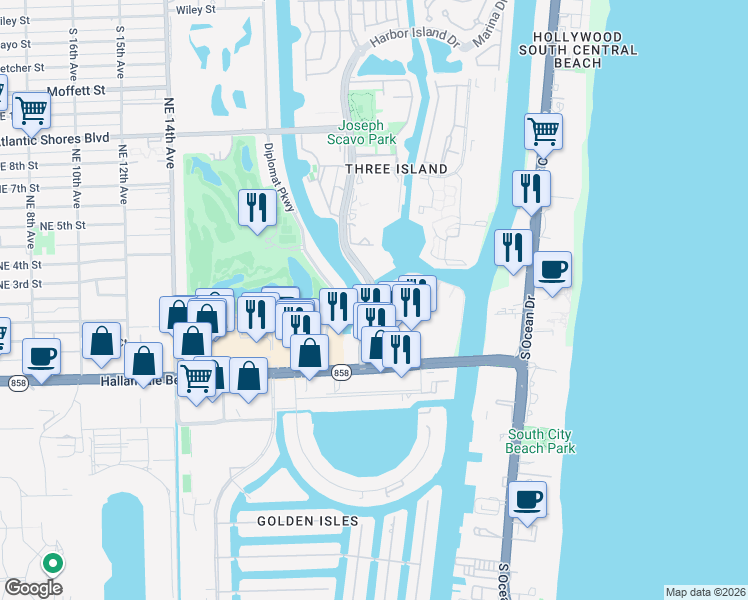 map of restaurants, bars, coffee shops, grocery stores, and more near 216 Three Islands Boulevard in Hallandale Beach