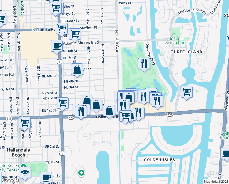 map of restaurants, bars, coffee shops, grocery stores, and more near 512 Northeast 14th Avenue in Hallandale Beach