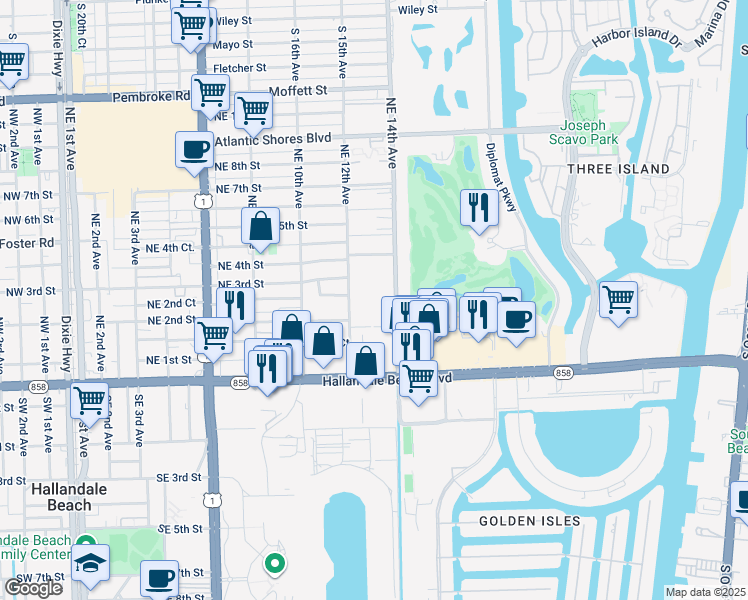 map of restaurants, bars, coffee shops, grocery stores, and more near 218 Northeast 12th Avenue in Hallandale Beach