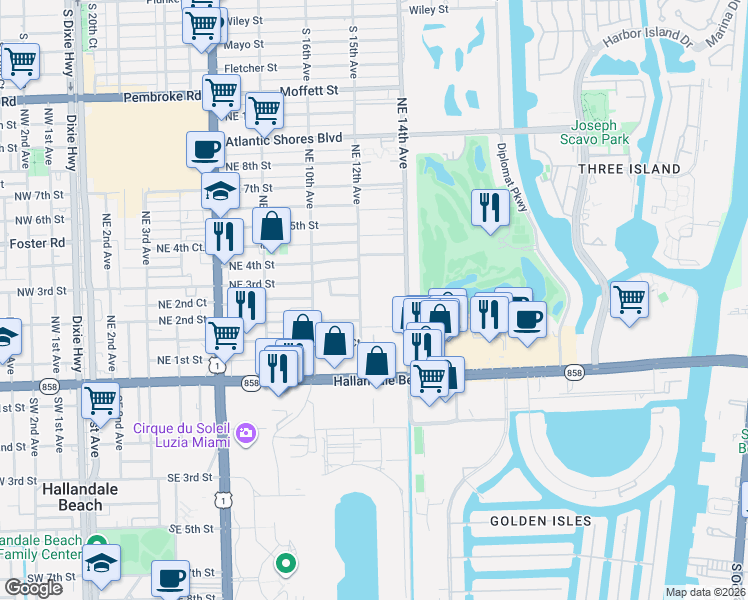 map of restaurants, bars, coffee shops, grocery stores, and more near 218 Northeast 12th Avenue in Hallandale Beach