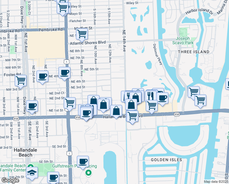 map of restaurants, bars, coffee shops, grocery stores, and more near 218 Northeast 12th Avenue in Hallandale Beach