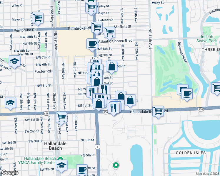 map of restaurants, bars, coffee shops, grocery stores, and more near 729 Northeast 2nd Court in Hallandale Beach