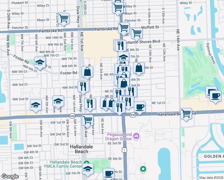 map of restaurants, bars, coffee shops, grocery stores, and more near 500 Northeast 3rd Street in Hallandale Beach