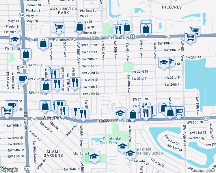 map of restaurants, bars, coffee shops, grocery stores, and more near 5121 Southwest 24th Street in West Park