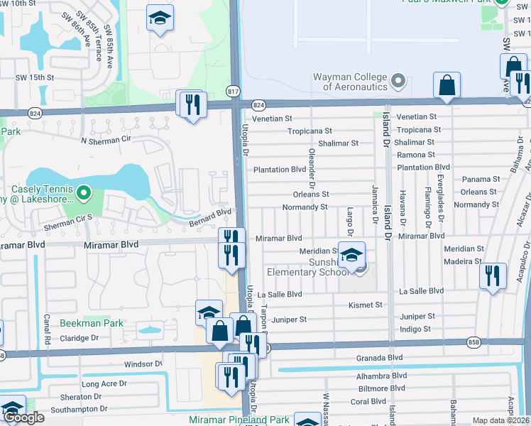 map of restaurants, bars, coffee shops, grocery stores, and more near 2310 Sabal Palm Drive in Miramar