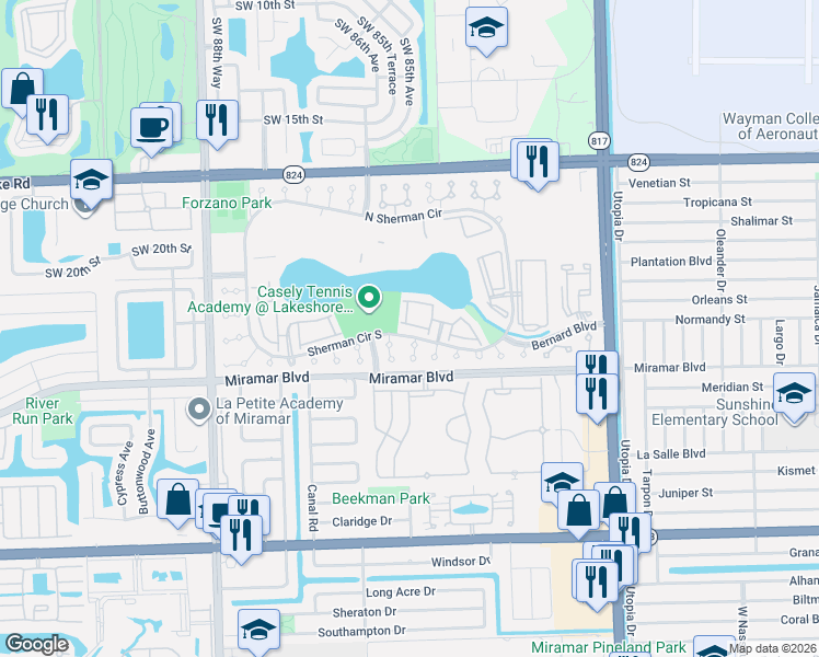 map of restaurants, bars, coffee shops, grocery stores, and more near 8499 Sherman Circle South in Miramar