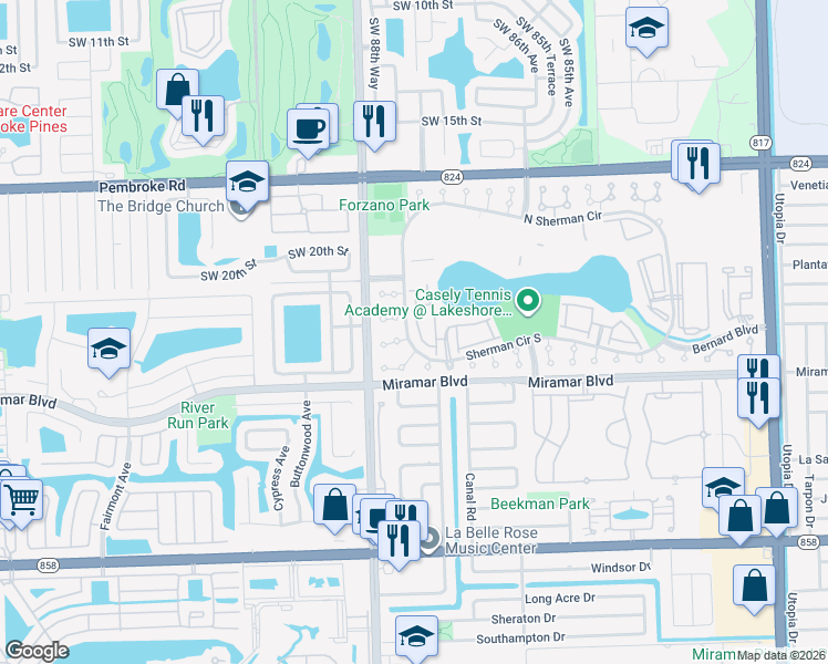 map of restaurants, bars, coffee shops, grocery stores, and more near 8810 Southwest 22nd Street in Miramar