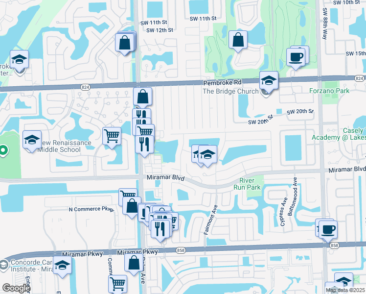 map of restaurants, bars, coffee shops, grocery stores, and more near 2260 Riverdale Drive North in Miramar
