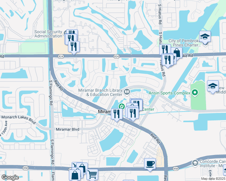 map of restaurants, bars, coffee shops, grocery stores, and more near 2148 Southwest 117th Avenue in Miramar