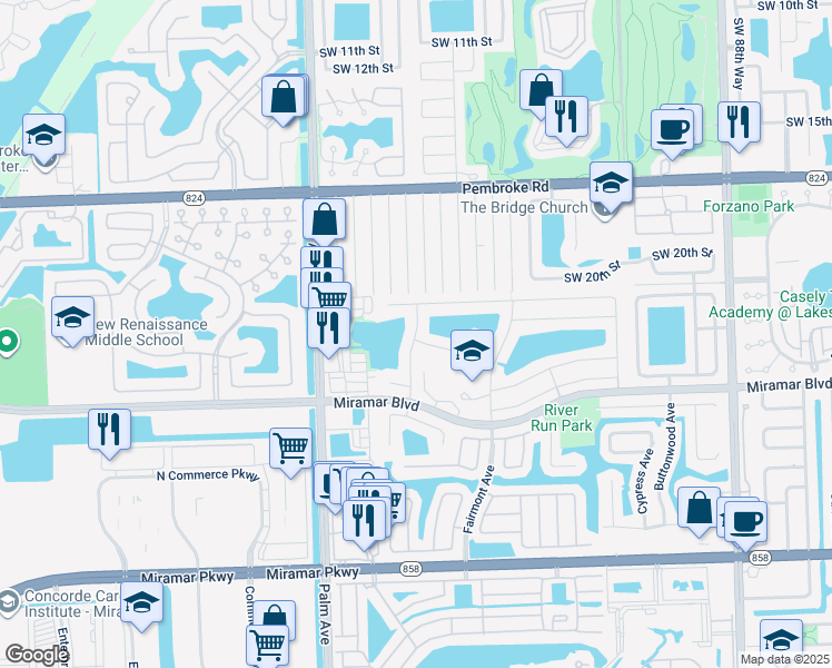 map of restaurants, bars, coffee shops, grocery stores, and more near 2260 Riverdale Drive North in Miramar