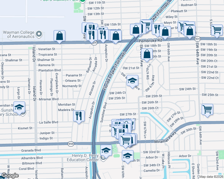 map of restaurants, bars, coffee shops, grocery stores, and more near 2411 Sunshine Boulevard in Miramar