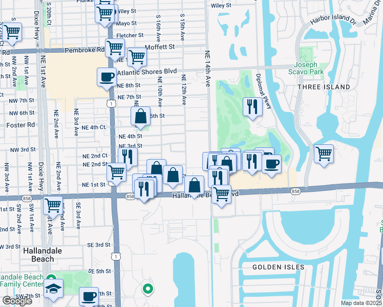 map of restaurants, bars, coffee shops, grocery stores, and more near 218 Northeast 12th Avenue in Hallandale Beach