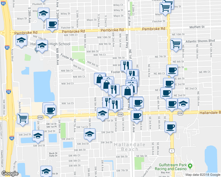 map of restaurants, bars, coffee shops, grocery stores, and more near 228 Northwest 3rd Avenue in Hallandale Beach