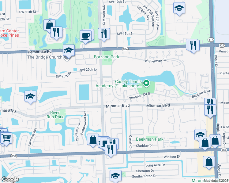 map of restaurants, bars, coffee shops, grocery stores, and more near 8810 Southwest 22nd Street in Miramar