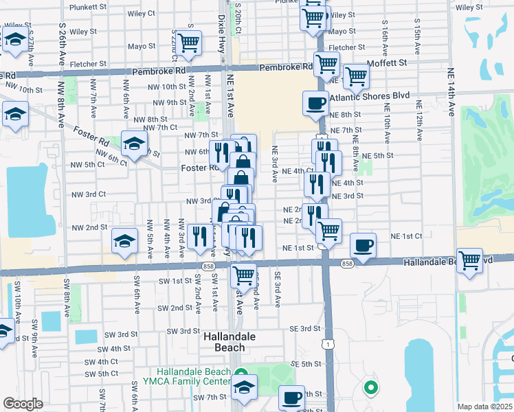 map of restaurants, bars, coffee shops, grocery stores, and more near 206 Northeast 3rd Street in Hallandale Beach