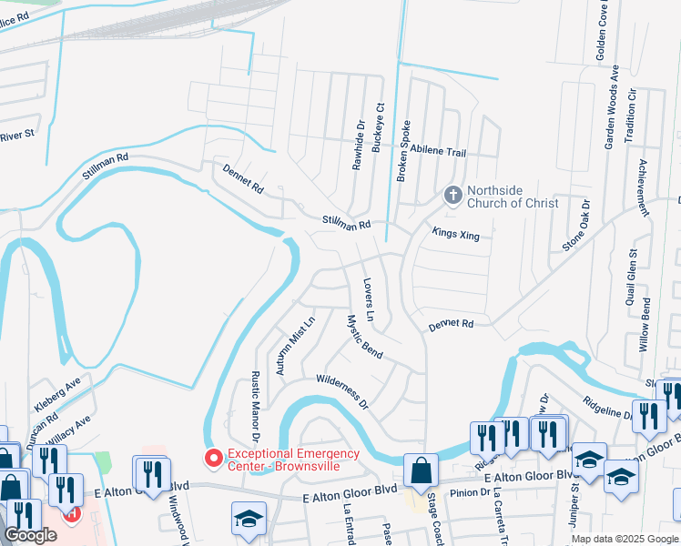 map of restaurants, bars, coffee shops, grocery stores, and more near 5592 Rustic Manor Drive in Brownsville