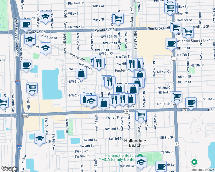 map of restaurants, bars, coffee shops, grocery stores, and more near 235 Northwest 4th Avenue in Hallandale Beach
