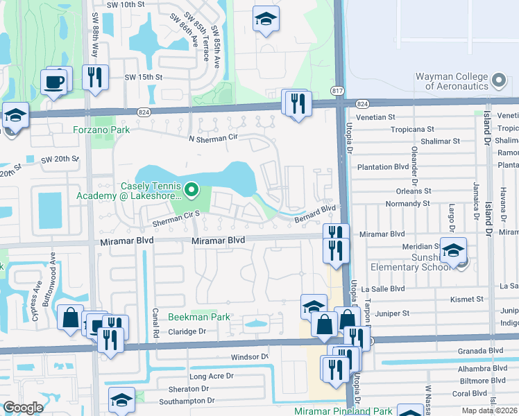 map of restaurants, bars, coffee shops, grocery stores, and more near 2261 Southwest 83rd Avenue in Miramar