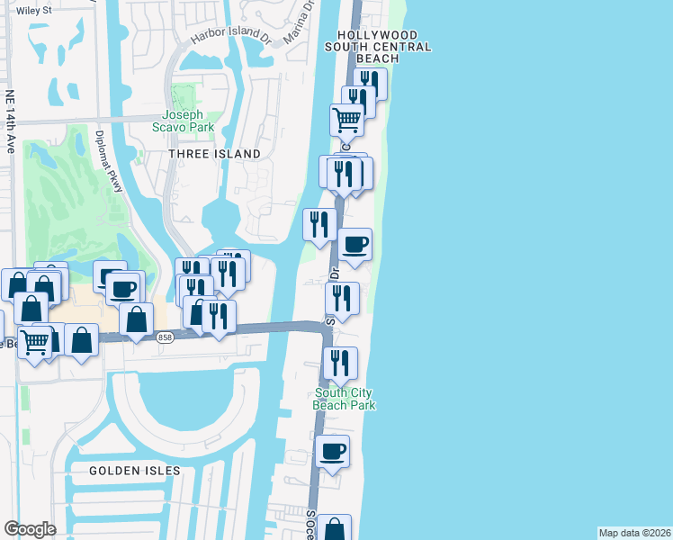 map of restaurants, bars, coffee shops, grocery stores, and more near 3800 South Ocean Drive in Hollywood