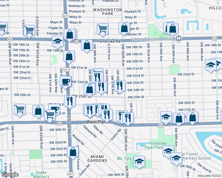map of restaurants, bars, coffee shops, grocery stores, and more near 2316 Southwest 57th Avenue in West Park