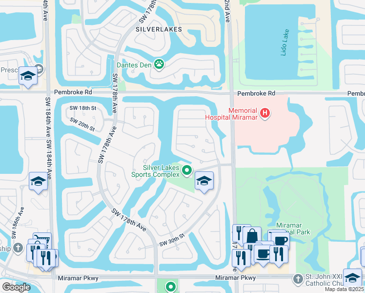 map of restaurants, bars, coffee shops, grocery stores, and more near 17462 Southwest 21st Court in Miramar