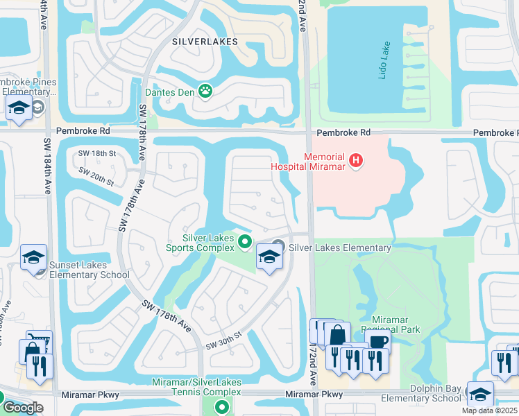 map of restaurants, bars, coffee shops, grocery stores, and more near 17359 Southwest 21st Court in Miramar