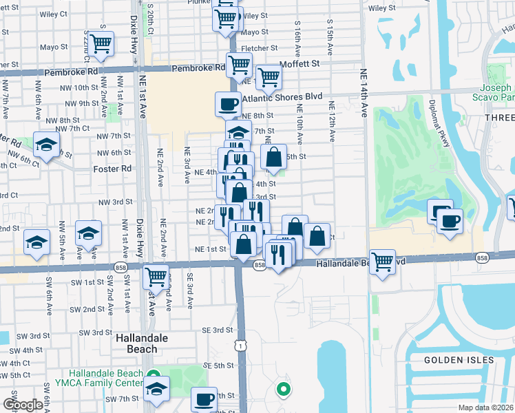 map of restaurants, bars, coffee shops, grocery stores, and more near 729 Northeast 2nd Court in Hallandale Beach