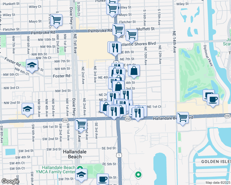 map of restaurants, bars, coffee shops, grocery stores, and more near 719 Northeast 2nd Court in Hallandale Beach