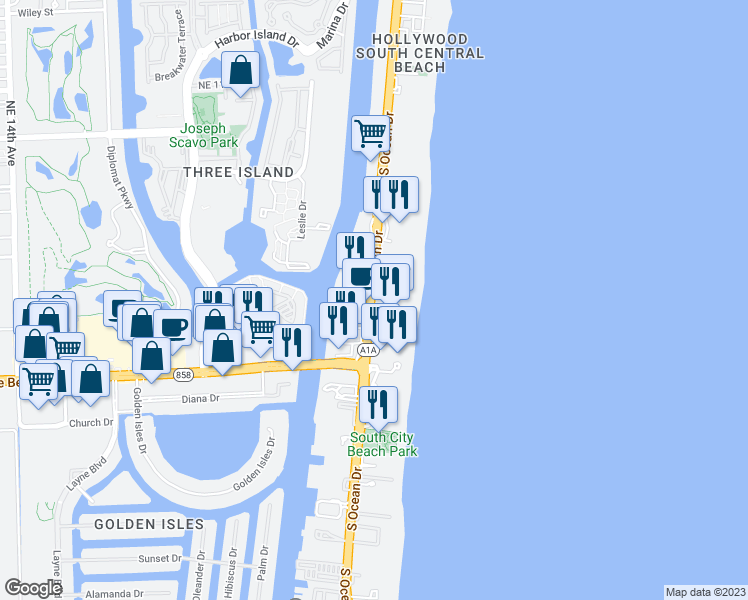 map of restaurants, bars, coffee shops, grocery stores, and more near 3800 South Ocean Drive in Hollywood