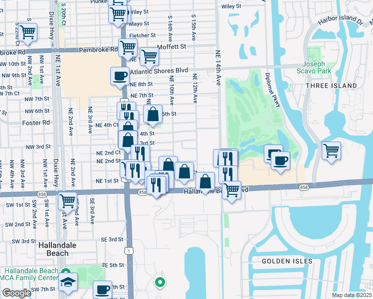 map of restaurants, bars, coffee shops, grocery stores, and more near 1103 Northeast 2nd Court in Hallandale Beach