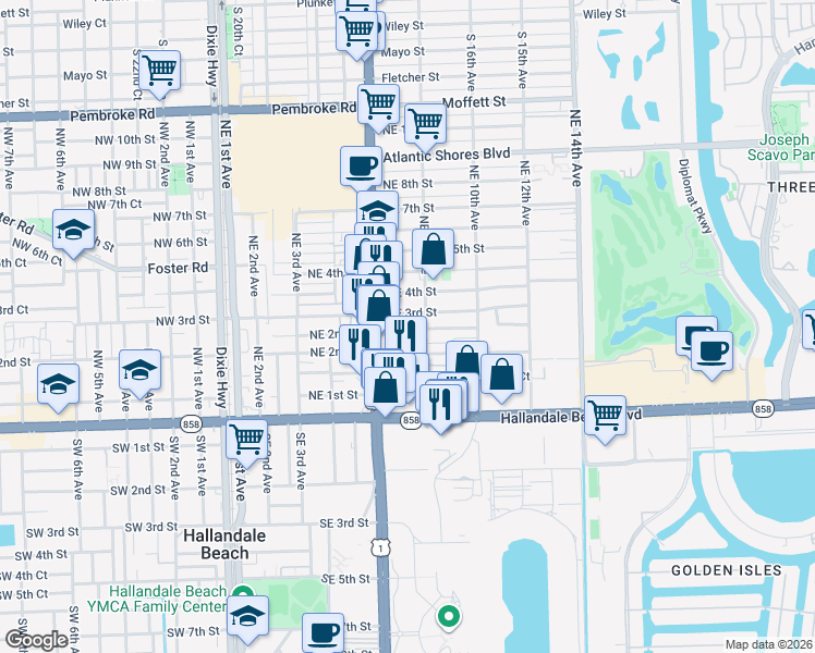 map of restaurants, bars, coffee shops, grocery stores, and more near 729 Northeast 2nd Court in Hallandale Beach