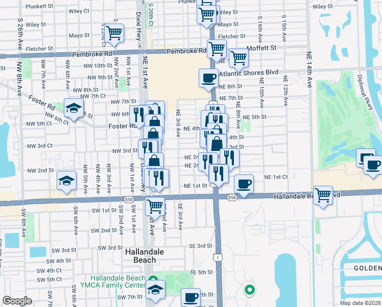 map of restaurants, bars, coffee shops, grocery stores, and more near 316 Northeast 3rd Street in Hallandale Beach