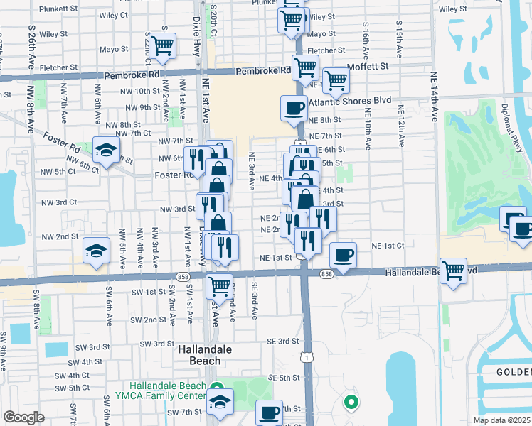 map of restaurants, bars, coffee shops, grocery stores, and more near 316 Northeast 3rd Street in Hallandale Beach