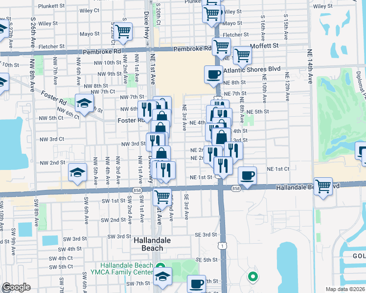 map of restaurants, bars, coffee shops, grocery stores, and more near 316 Northeast 3rd Street in Hallandale Beach