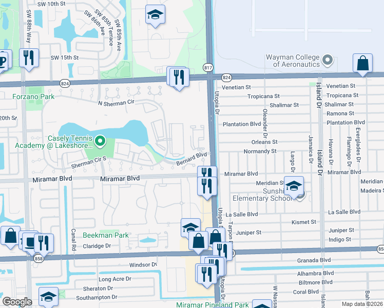 map of restaurants, bars, coffee shops, grocery stores, and more near 2310 Southwest 80th Terrace in Miramar