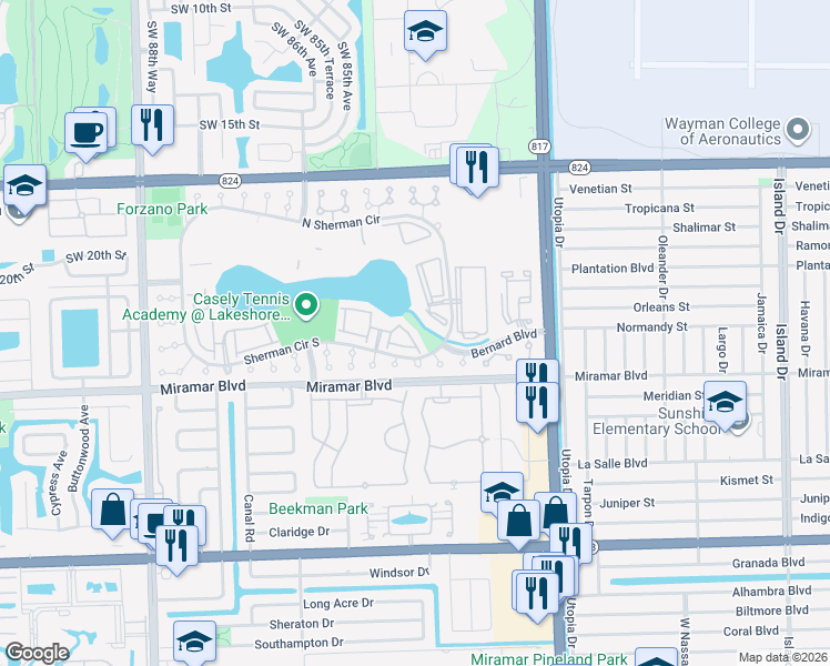 map of restaurants, bars, coffee shops, grocery stores, and more near 2261 Southwest 83rd Avenue in Miramar