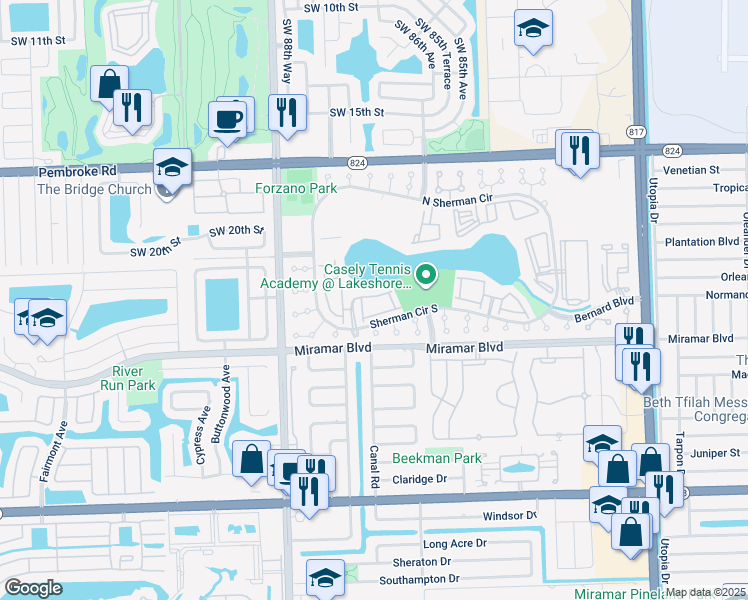map of restaurants, bars, coffee shops, grocery stores, and more near 8632 Southwest 22nd Court in Miramar