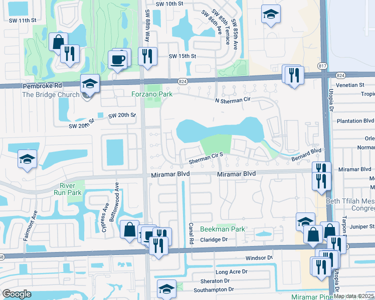 map of restaurants, bars, coffee shops, grocery stores, and more near 8632 Southwest 22nd Court in Miramar