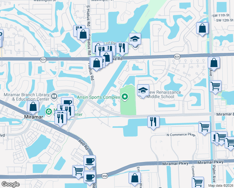 map of restaurants, bars, coffee shops, grocery stores, and more near 2160 East Preserve Way in Miramar