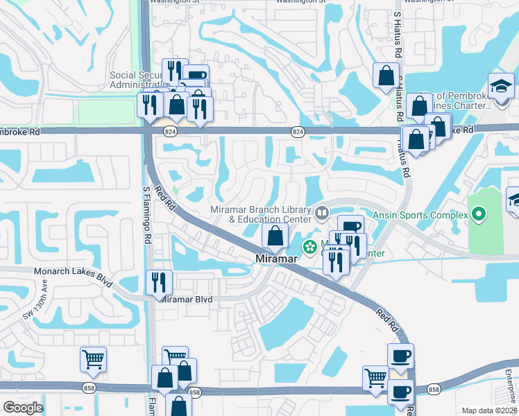 map of restaurants, bars, coffee shops, grocery stores, and more near 2164 Southwest 118th Avenue in Miramar
