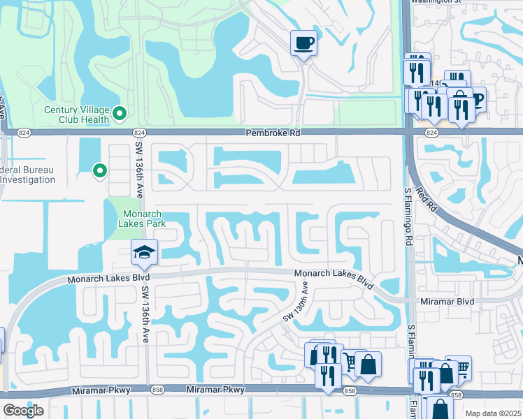 map of restaurants, bars, coffee shops, grocery stores, and more near 13092 Southwest 21st Street in Miramar
