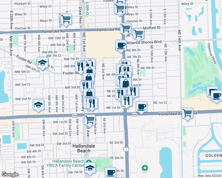 map of restaurants, bars, coffee shops, grocery stores, and more near 316 Northeast 3rd Street in Hallandale Beach