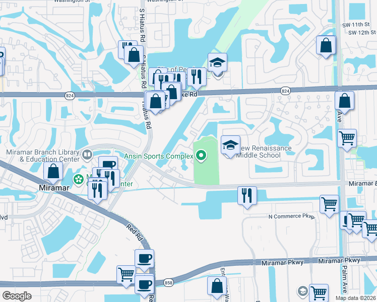 map of restaurants, bars, coffee shops, grocery stores, and more near 2160 East Preserve Way in Miramar