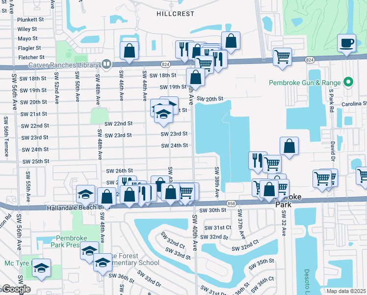 map of restaurants, bars, coffee shops, grocery stores, and more near 4016 Southwest 24th Street in West Park