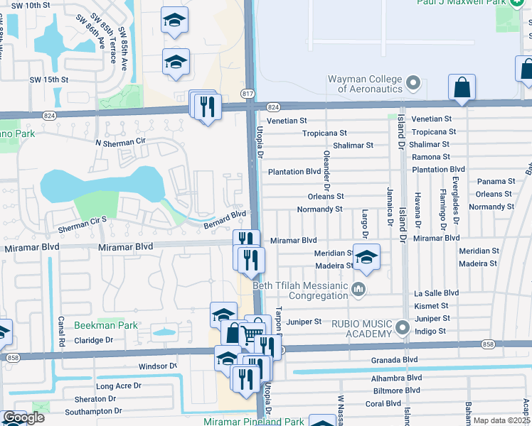 map of restaurants, bars, coffee shops, grocery stores, and more near 2311 Utopia Drive in Miramar